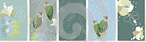 set of vector cards with birds, flowers, splashes, patterns in a doodle style
